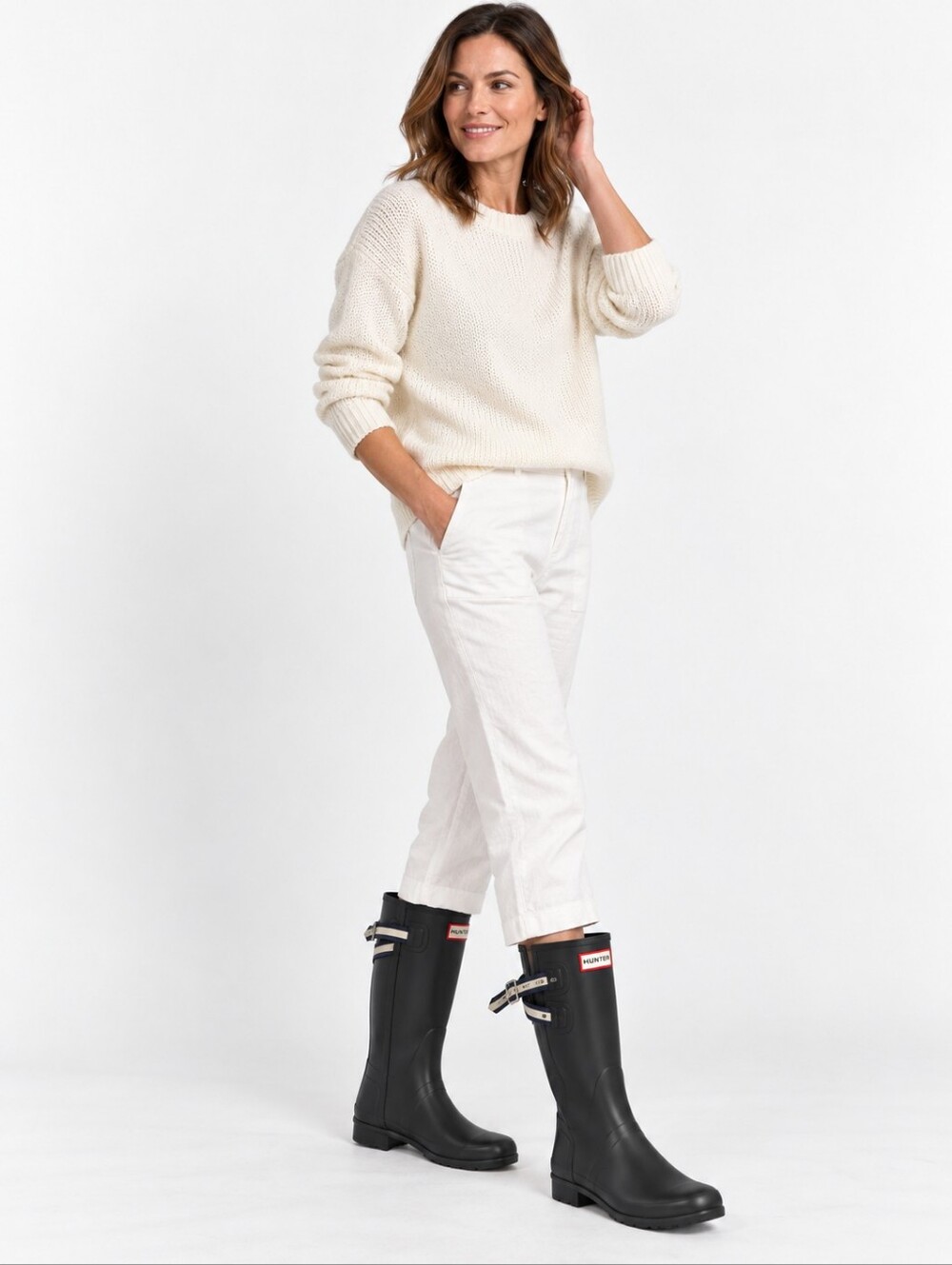 Hunter Womens 9 Black Rain Boots Striped Buckle Waterproof Rubber Wellies